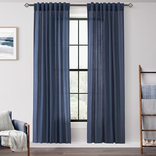 Navy Blue Curtains 80 inch Length for Bedroom Back Tab Light Filtering Semi Sheer Blue Living Room Curtains Linen Cotton Textured Indigo Blue Drapery Panel Modern Farmhouse Aesthetic Decor Dark Blue (Navy Blue / 52"W x 80"L (Pack of 2))