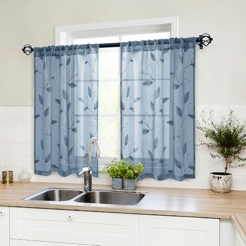 Stone Blue Kitchen Tier Curtains Leaf Embroidered (30"W x 24"L (Pack of 2) / Stone Blue)