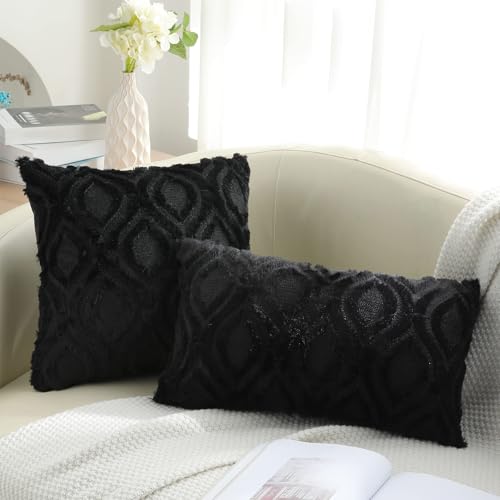 Faux Fur Plush Soft Black Throw Pillow Covers 24x24 Set of 2 (24" x 24" (Pack of 2) / Black)