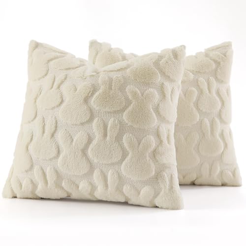 Beige Faux Fur Bunny Throw Pillow Covers 20X20 Set of 2 (20" x 20" (Pack of 2) / Rabbits Beige)