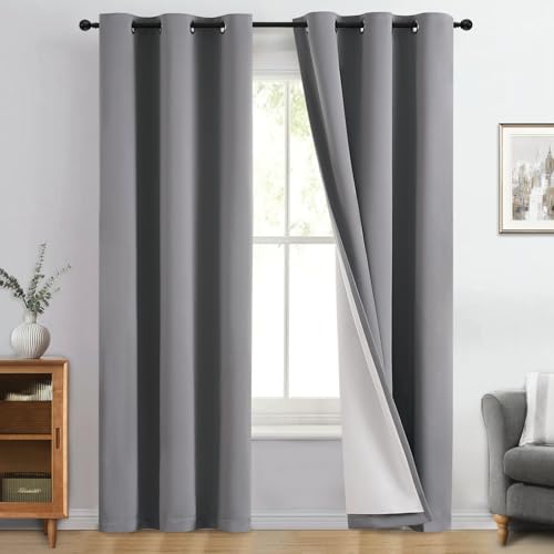 Grey 100% Blackout Curtain Panels 84 inches (40"W x 84"L (Pack of 2) / Grey With White Backing)
