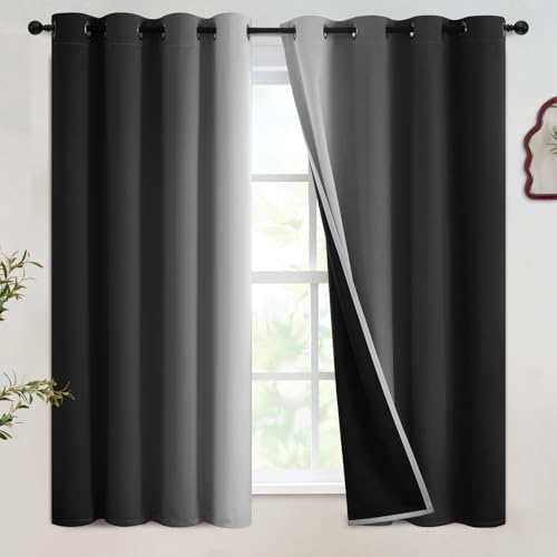 100% Blackout Ombre Bedroom Curtains Black and Greyish White (52"W x 54"L (Pack of 2) / Black With Black Back)