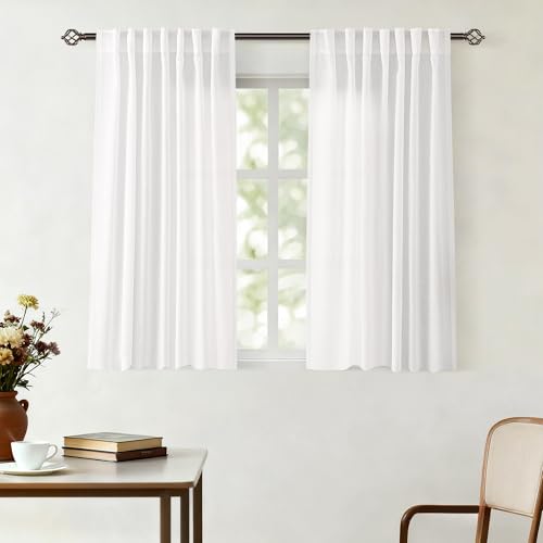White Linen Curtains 45 inch Length 2 Panel Set for Living Room Back Tab Rod Pocket Semi Sheer Light Filtering Bedroom Window Curtain 45 inch Long Cotton Textured Modern Elegant Coastal Drapes (White / 52"W x 45"L (Pack of 2))