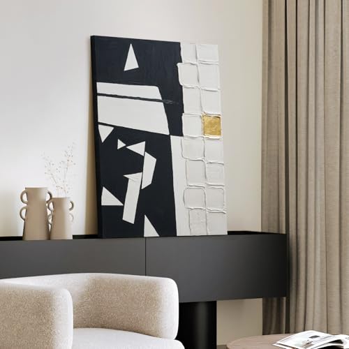 Modern Black & White Abstract 3D Textured Canvas Wall Art with Gold Leaf (Black White / 24"L x 36"W)