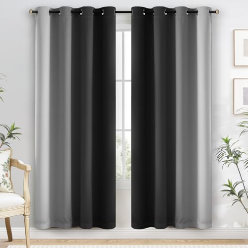 100% Blackout Curtains Ombre Black Curtains for Bedroom 72 Inch (52"W x 72"L (Pack of 2) / Black 2 Layers)
