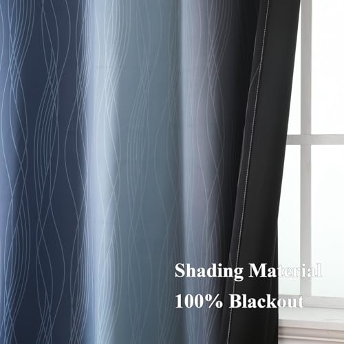 Navy Blue and Black Ombre Blackout Curtains for Living Room 90 Inch Length (Black and Navy Blue / 52"W x 90"L (Pack of 2))
