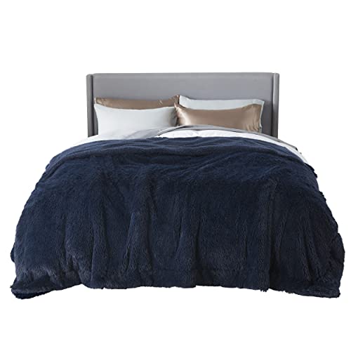 Faux Fur Fluffy Sherpa Fleece Queen Bed Blanket Navy Blue 60"x80" (14- Navy Blue / Queen (90" X 90"))