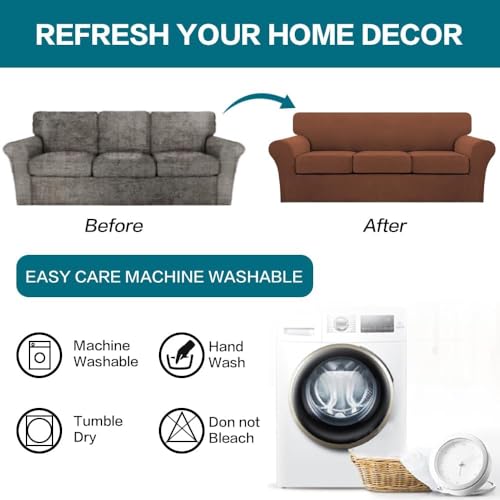 4 Piece Sofa Covers for 3 Cushion Couch Sofa Slipcover Soft Couch Cover for Dogs Washable Furniture Cover with 3 Individual Large Cushion Covers Feature Fabric (L Sofa (3 Cushion) / Caramel)