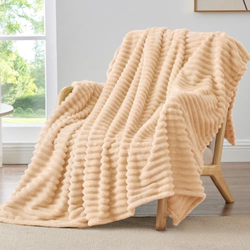 Ribbed Fleece Throw Blanket for Couch (Blush Sand / Throw(50"x60"))