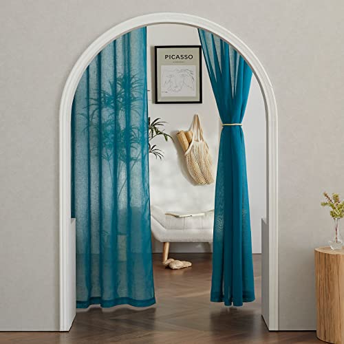 Semi Sheer Curtains Flax Linen Texture (52"W x 96"L (Pack of 2) / Peacock Green)