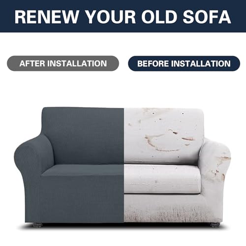 2026 New Stretch Loveseat Sofa Slipcovers Couch Cover for 2 Cushion Furniture Protector Sofa Covers with Elastic Bottom Jacquard Fabric Small Checks for Pets (Grey / Loveseat)