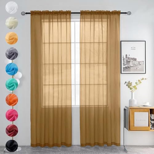 Solid Sheer Rod Pocket Curtain Voile Draperies 2 Panels White Beige Black Grey Ivory 52 Inch Width 84 Inch Long 1 Pair for Kitchen Bedroom Children Living Room Yard (Light Brown / 52"W x 84"L (Pack of 2))