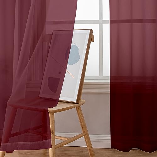 Rod Pocket Top Solid Voile Sheer Curtains for Bedroom (Burgundy / 42"W x 54"L (Pack of 2))