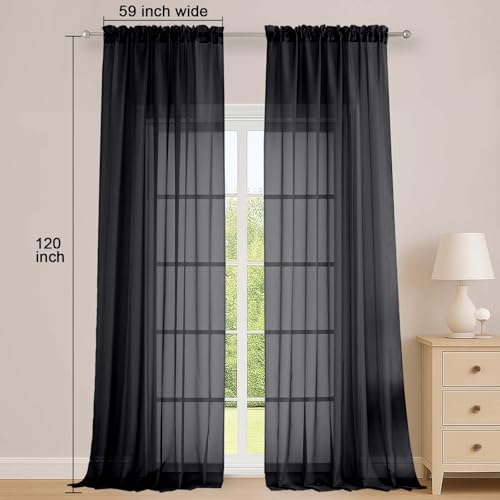 Black Sheer Curtains 120 Inch Long 2 Panels for Living Room 59" Wide (Black / 59"W x 120"L (Pack of 2))