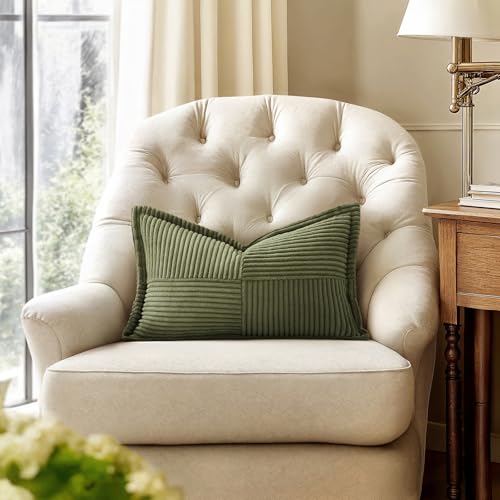 Olive Green Corduroy Lumbar Pillow Covers 12x20 Inch 12x20 Inch with Splicing Set of 2 Soft Boho Pillow Covers Broadside Decorative Textured Summer Pillowcases for Couch Bed Livingroom (Olive Green / 20" x 12" (Pack of 2))