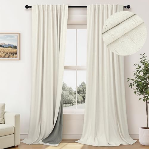 Cream Linen Blackout Curtains 60 Inches Wide for Bedroom Window Viral Modern Farmhouse Curtains for Sliding Glass Doors Thermal Soundproof Heavy Drapes 60x96 Long 2 Panels Ivory Off White Black Out (Natural / 60"W x 96"L (Pack of 2))
