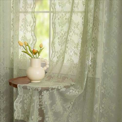 Vintage Lace Curtains 96 Inches Long (Sage Green / 52"W x 96"L (Pack of 2))