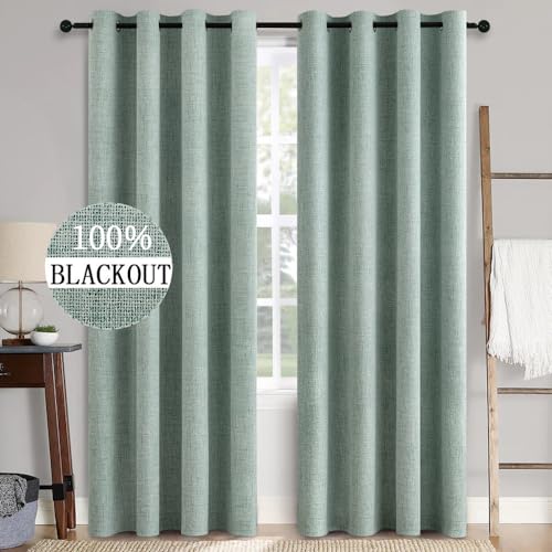 Linen Texture Curtains for Bedroom Solid 100% Blackout Thermal Insulated Seafoam Green Curtains Grommet Room Darkening Drapes for Living Room Nursery 52x96 Inch (Seafoam Green / 52"W x 96"L (Pack of 2))