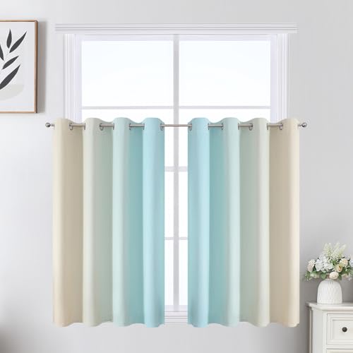 Aqua and Beige Ombre Blackout Curtains for Bedroom 36 Inch (Beige and Aqua / 52"W x 36"L (Pack of 2))