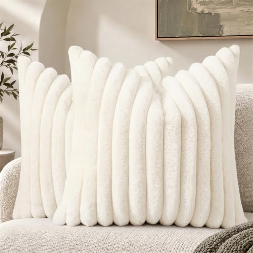 Fall Faux Fur Throw Pillow Covers 12x12 Set of 2 Cream White (Cream White / 12" x 12" (Pack of 2))