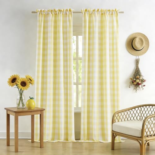 95 Inch Yellow White Buffalo Plaid Semi Sheer Curtains (Yellow/White / 52"W x 95"L (Pack of 2))