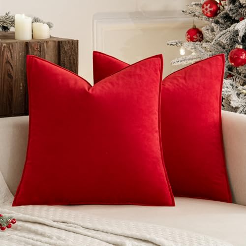 Christmas Decorative Bright Red Velvet Throw Pillow Covers 18x18 in (18" x 18" (Pack of 2) / Bright Red)
