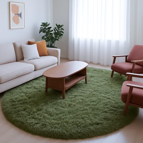 Olive Green Shag Round Area Rug 5Ft for Bedroom Nursery Classroom (Olive Green / 5' (Round))