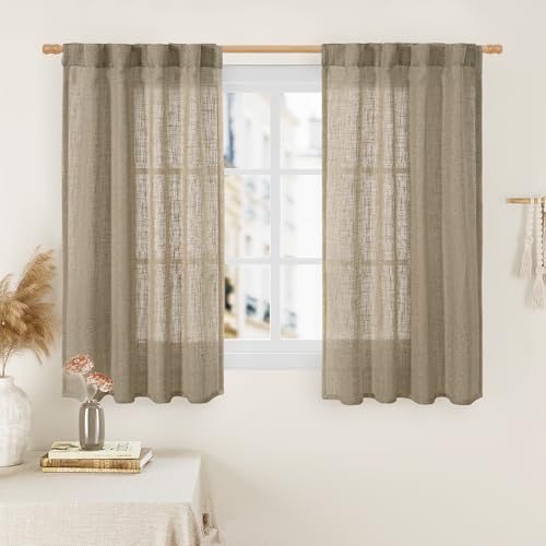 Linen Curtains 48 Inch Length Semi Sheer Light Filtering 2 Panels (Taupe / 34"W x 48"L (Pack of 2))