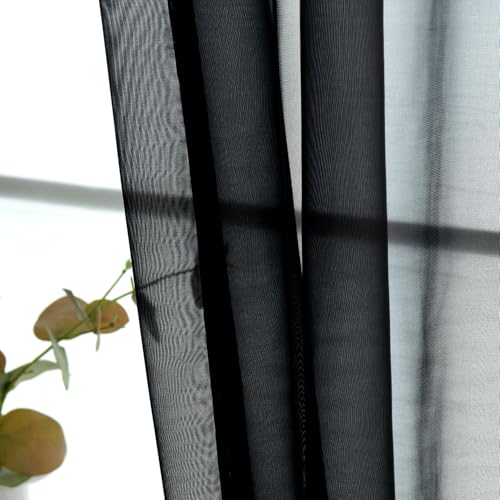 Basic Rod Pocket Sheer Voile Window Curtain Panels Black 1 Pair 2 Panels 26 Width 24 Inch Long for Kitchen Bedroom Children Living Room Yard（Black (Black / 26"W x 24"L (Pack of 2))