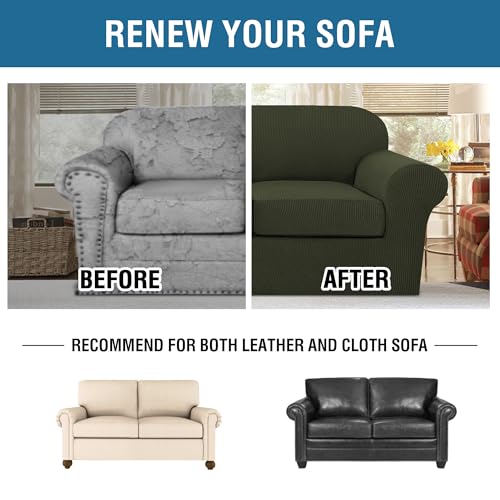 3 Piece Stretch Sofa Covers for 2 Cushion Loveseat Couch Covers for Living Room Sofa (Medium / Olive)