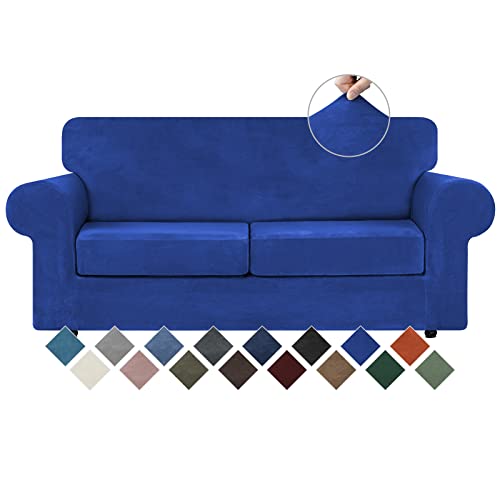 Velvet Stretch 3 Pieces Couch Cover for Sofa Washable (Medium / Royal Blue)