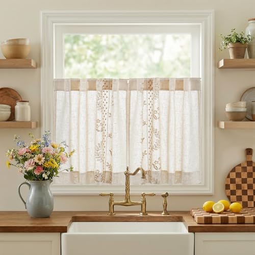 Beige Floral Linen Kitchen Tier Curtains 24 Inch (A| Beige / 26"W x 24"L (Pack of 2))