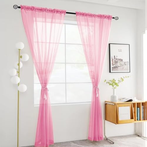 Solid Sheer Rod Pocket Curtain Voile Draperies 2 Panels White Beige Black Grey Coffee 52 Inch Width 45 Inch Long 1 Pair for Kitchen Bedroom Children Living Room Yard (Pink / 52"W x 45"L (Pack of 2))