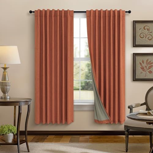 Terracotta Blackout Curtains for Nursery 63 Inch Length 2 Panel Autumn Fall Decoration Linen Boho Western Curtain for Bedroom Window Room Darkening Rust Curtains for Living Room Dining MCM (Terracotta / 52"W x 63"L (Pack of 2))