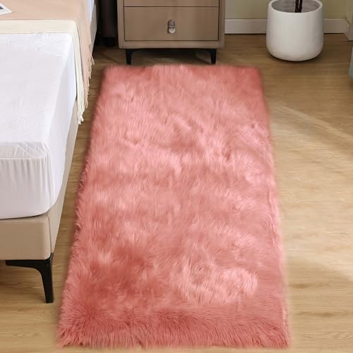 Pink Fluffy Fuzzy Furry Runner Rug 2X6 Light Pink Faux Sheepskin Fur Rug for Girls Bedroom Bedside Rug Plush Shaggy Washable Rectangle (2' x 6' (Rectangular) / Light Pink)