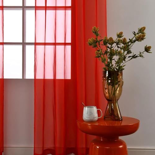 Sheer Red Curtains 4 Panels Rod Pocket Semi (Red / 52"W x 96"L (Pack of 4))