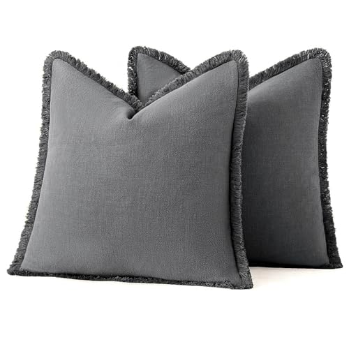 Linen Fringe Decorative Euro Throw Pillow Covers Dark Grey 24x24 (24" x 24" (Pack of 2) / Dark Grey)