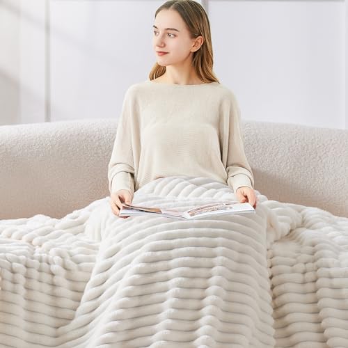 Ribbed Fleece Throw Blanket for Couch (Cream / Throw(50"x60"))