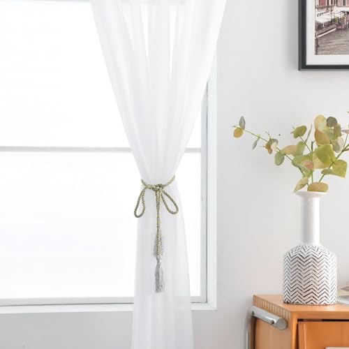 Sheer White Curtains 4 Panels Rod Pocket Semi (White / 52"W x 96"L (Pack of 4))