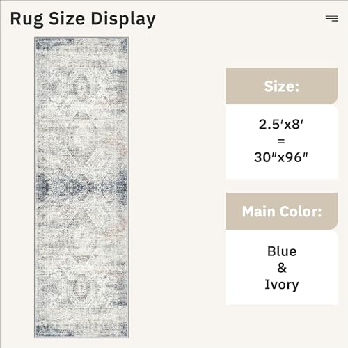 Washable Runner Rug 2'6"x8' Kitchen Hallway Runners Blue (Blue/Ivory / 2'6" x 8' (Runner))