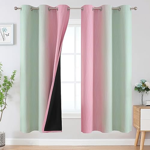 Sage Green and Pink Ombre Blackout Curtains for Bedroom (Sage and Pink / 42"W x 72"L (Pack of 2))