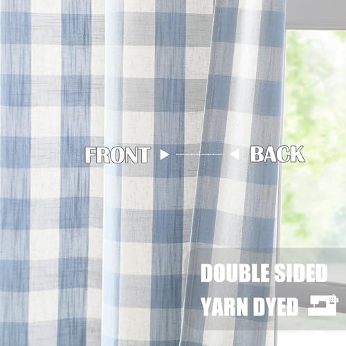 Beige Dusty Blue Buffalo Plaid Semi Sheer Grommet Curtains 90 Inch (Dusty Blue/Beige / 40"W x 90"L (Pack of 2))