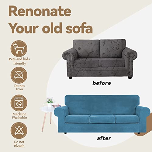 4 Piece Couch Cover for Sofa Velvet Slipcover Washable (Large / Peacock Blue)