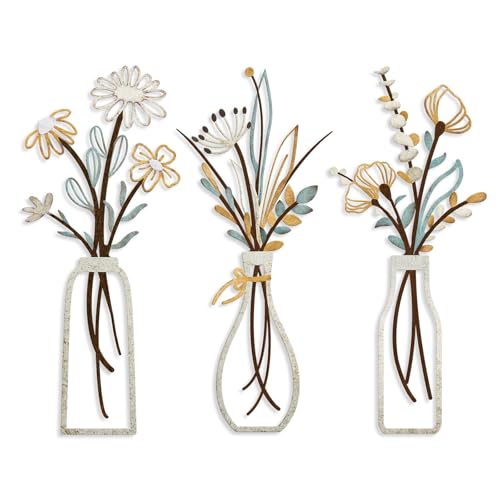 3 Pieces Metal Flowers Wall Art (Beige Gold)