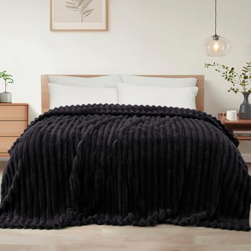 Striped King Size Fleece Blanket for Bed (Black / King ( 90x104 IN ))