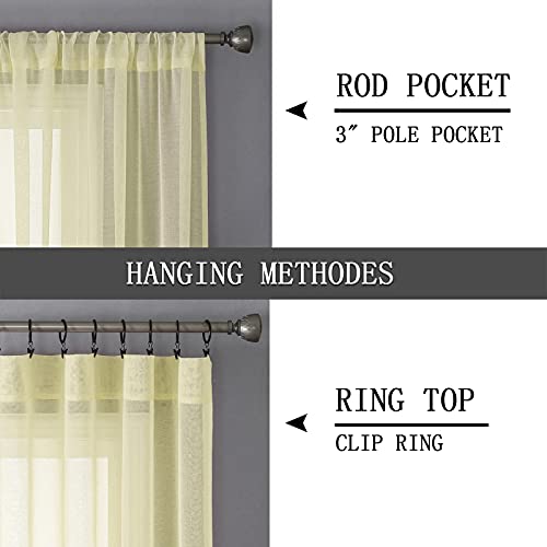 Short Sheer Curtains Linen Textured Living Room Curtain Sheers Light Filtering Rod Pocket Voile Curtains for Bedroom (42"W x 45"L (Pack of 2) / Transparent Yellow)