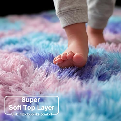 Purple Rainbow Mermaid Furry Kids Area Rug 5x8 for Girls Bedroom (Blue Purple Rainbow / 5' x 8' (Rectangular))
