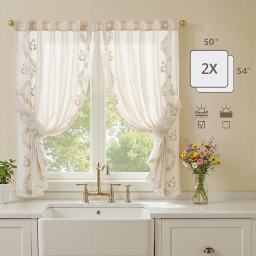 Beige Floral Linen Kitchen Tier Curtains 50x54 Inch 2 Panels (A| Beige / 50"W x 54"L (Pack of 2))