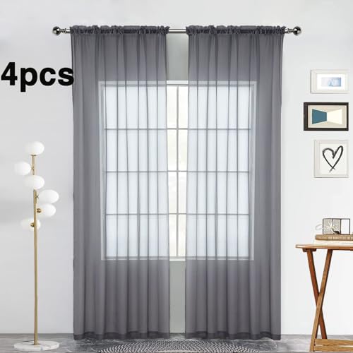 Grey Sheer Curtains 4 Panels Rod Pocket Semi (Grey / 52"W x 54"L (Pack of 4))