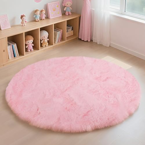 Pink Fluffy Round Area Rugs for Bedroom (Pink / 6' (Round))